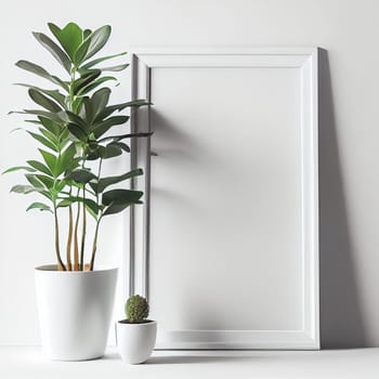 Mockup of empty frame displayed inside room interior with white wall background and plant pot nearby. 3D Rendering