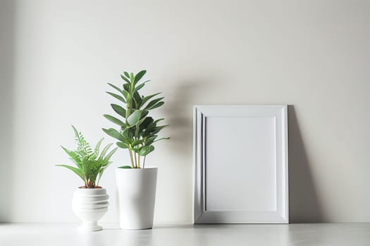 Mockup of empty frame displayed inside room interior with white wall background and plant pot nearby. 3D Rendering