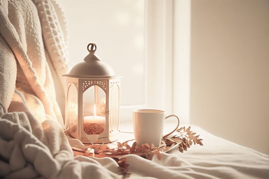 Cozy winter morning scene with hot coffee, blanket, candle lights, and heather and lavender flowers. Swedish concept of hygge is perfectly with copy space available for your own text.