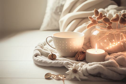 Cozy winter morning scene with hot coffee, blanket, candle lights, and heather and lavender flowers. Swedish concept of hygge is perfectly with copy space available for your own text.