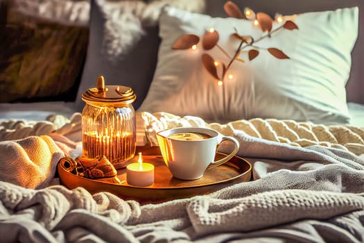 Cozy winter morning scene with hot coffee, blanket, candle lights, and heather and lavender flowers. Swedish concept of hygge is perfectly with copy space available for your own text.