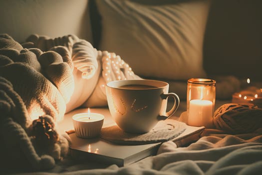 Cozy winter morning scene with hot coffee, blanket, candle lights, and heather and lavender flowers. Swedish concept of hygge is perfectly with copy space available for your own text.