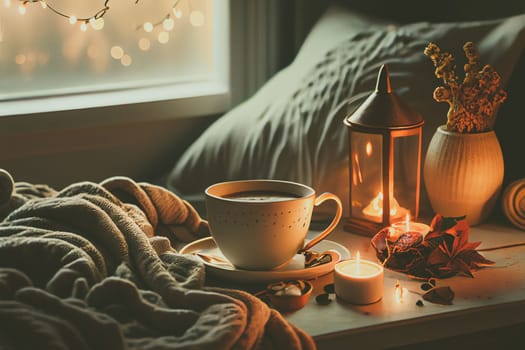 Cozy winter morning scene with hot coffee, blanket, candle lights, and heather and lavender flowers. Swedish concept of hygge is perfectly with copy space available for your own text.