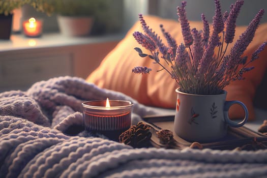 Cozy winter morning scene with hot coffee, blanket, candle lights, and heather and lavender flowers. Swedish concept of hygge is perfectly with copy space available for your own text.