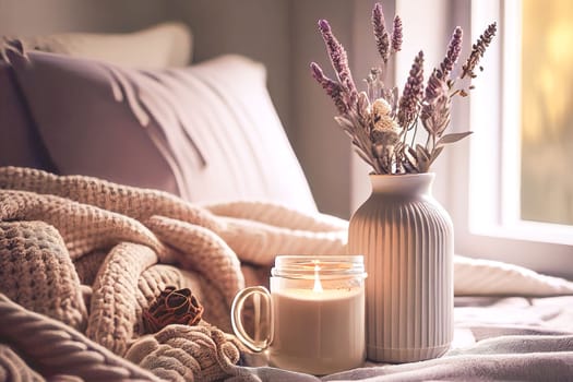 Cozy winter morning scene with hot coffee, blanket, candle lights, and heather and lavender flowers. Swedish concept of hygge is perfectly with copy space available for your own text.