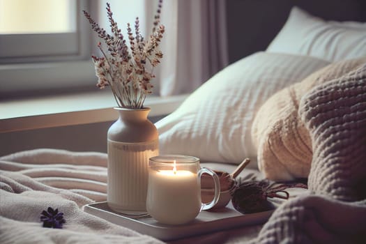 Cozy winter morning scene with hot coffee, blanket, candle lights, and heather and lavender flowers. Swedish concept of hygge is perfectly with copy space available for your own text.