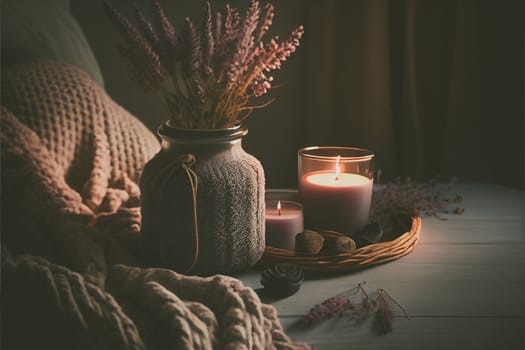 Cozy winter morning scene with hot coffee, blanket, candle lights, and heather and lavender flowers. Swedish concept of hygge is perfectly with copy space available for your own text.