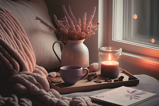 Cozy winter morning scene with hot coffee, blanket, candle lights, and heather and lavender flowers. Swedish concept of hygge is perfectly with copy space available for your own text.