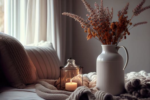 Cozy winter morning scene with hot coffee, blanket, candle lights, and heather and lavender flowers. Swedish concept of hygge is perfectly with copy space available for your own text.