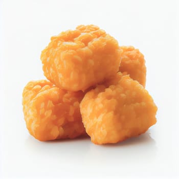 Close up shot of Tater Tots isolated on white background. American dishes collection of recipes popular in USA. These comfort foods are popular at picnics, barbecues, and sporting events.