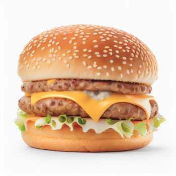 Close up shot of top view Burger isolated on white background. American dishes collection of recipes popular in USA. These comfort foods are popular at picnics, barbecues, and sporting events.