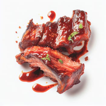 Close up shot of top view Barbecue Ribs isolated on white background. American dishes collection of recipes popular in USA. These comfort foods are popular at picnics, barbecues, and sporting events.