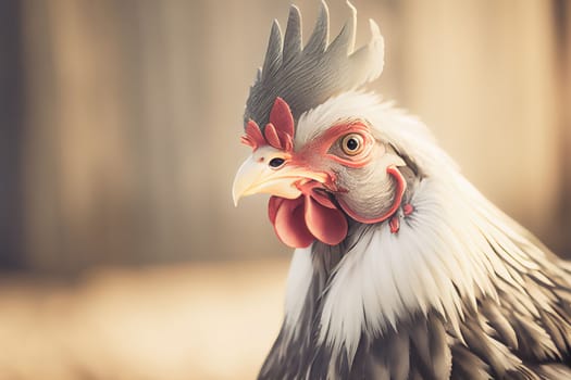 Close up of a chicken on a farm, set against natural background. Perfect for showcasing the simplicity and rustic charm of country life.