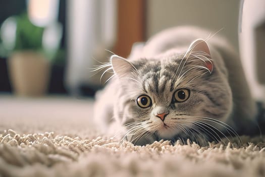 Close up of a cozy cat lounging on a carpet, set against a white-toned living room background. Perfect for home and interior designs.