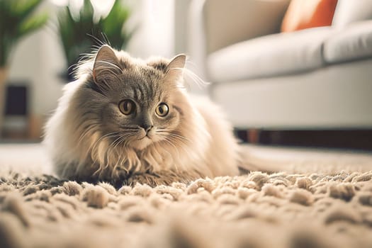 Close up of a cozy cat lounging on a carpet, set against a white-toned living room background. Perfect for home and interior designs.