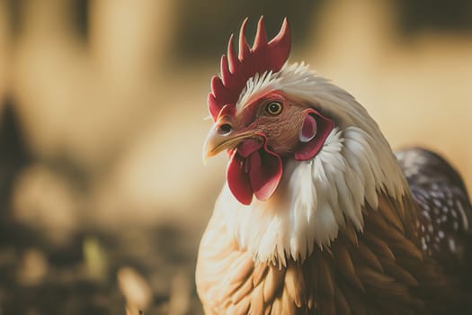 Close up of a chicken on a farm, set against natural background. Perfect for showcasing the simplicity and rustic charm of country life.