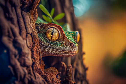 Close-up of a reptile in its natural habitat on a tree branch, set against a stunning HD natural background wallpaper