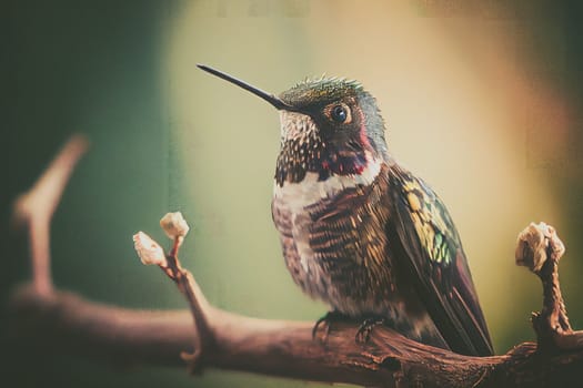 Intimate shot of a hummingbird perched on a tree branch, dim background puts the focus on the bird's delicate features