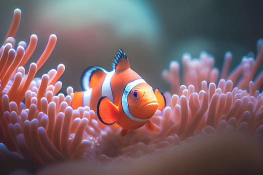 Close up of a brightly colored Clown fish swimming among the coral in aquarium tank, showcasing its vibrant colors and natural environment.