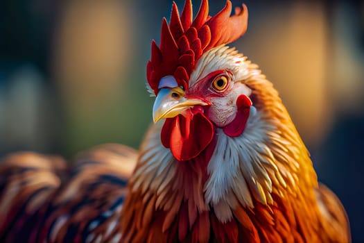 Close up of a chicken on a farm, set against natural background. Perfect for showcasing the simplicity and rustic charm of country life.