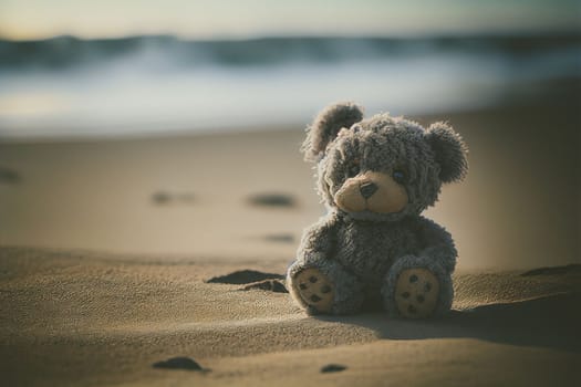 A small brown teddy bear on a sandy beach against a blue ocean and bright sun background. Perfect for evoking feelings of nostalgia, playfulness, and childhood.