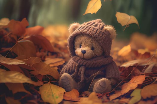 Cute teddy bear with scarf sits on dry orange leaves pile on ground in autumn park on nice sunny day close view. Warm sunny autumn day. 3D illustration