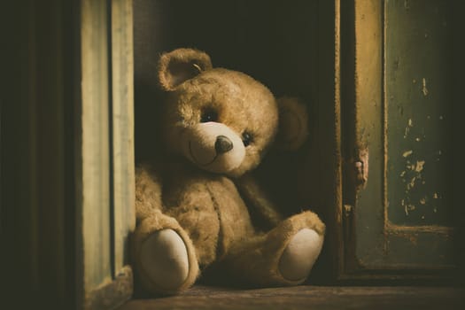 Small brown teddy bear sitting alone in an old, abandoned house, evoking feelings of loneliness and neglect concept.