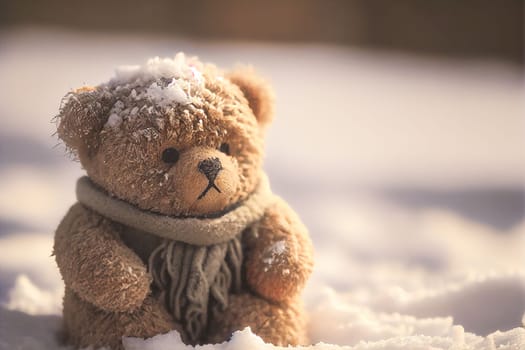 Light brown teddy bear with scarf sitting on white snow. Enjoying cold winter day. 3D illustration