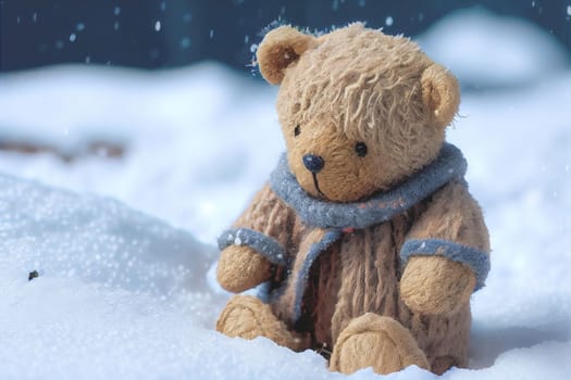 Light brown teddy bear with scarf sitting on white snow. Enjoying cold winter day. 3D illustration