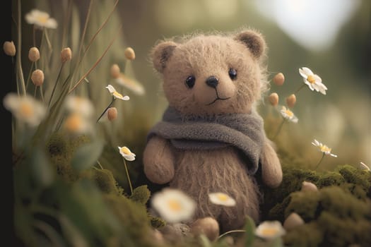 Small brown teddy bear sitting among a colorful flower garden with copy space.