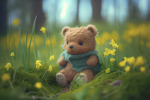 Small brown teddy bear sitting among a colorful flower garden with copy space.