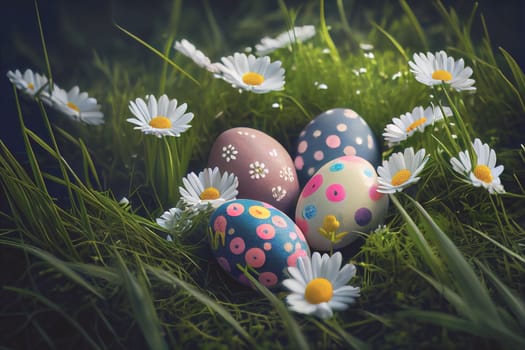 Colorful Easter eggs among daisies in green grass field with copy space. 3D illustration