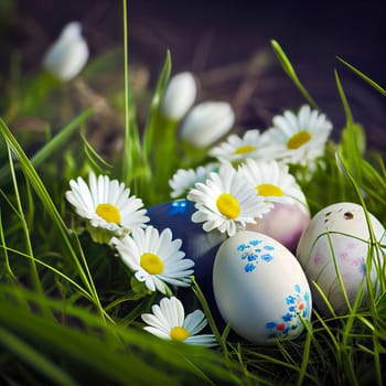 Colorful Easter eggs among daisies in green grass field with copy space. 3D illustration