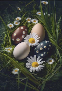 Colorful Easter eggs among daisies in green grass field with copy space. 3D illustration