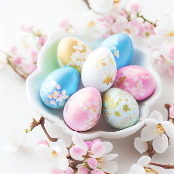 Colorful Easter eggs with cherry blossoms on white background. Design for Easter day banner. 3D illustration