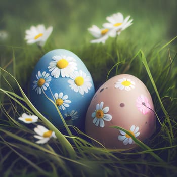 Colorful Easter eggs among daisies in green grass field with copy space. 3D illustration