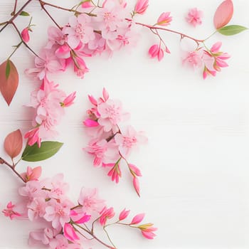 Top view of beautiful pink flowers on white wooden background, Valentine's day concept with copy space, flat lay.