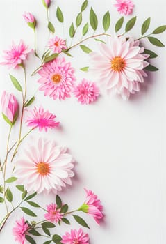 Top view of beautiful pink flowers on white wooden background, Valentine's day concept with copy space, flat lay.