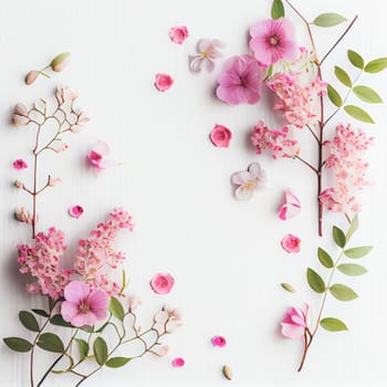 Top view of beautiful pink flowers on white wooden background, Valentine's day concept with copy space, flat lay.