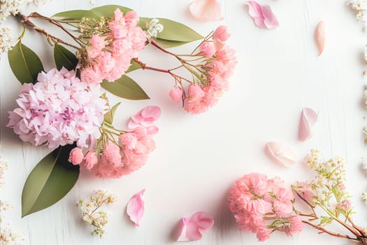 Top view of beautiful pink flowers on white wooden background, Valentine's day concept with copy space, flat lay.