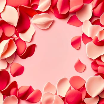 Valentine frame made of rose flowers, confetti on white background, Flat lay, top view with copy space. Beautiful Valentine's Day flower background. 3D illustration