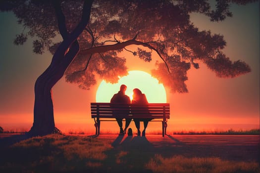 Romantic couple sits on a park bench, embracing and enjoying the stunning sunset together. This heartwarming scene captures the beauty of love and connection in a peaceful outdoor setting.