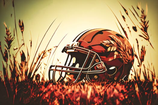 American Football and Helmet on the Field background with copy space