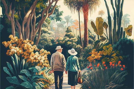 A couple holds hands in a lush garden, their love for each other evident. The vibrant foliage and peaceful setting add to the romance of the moment. 3D illustration