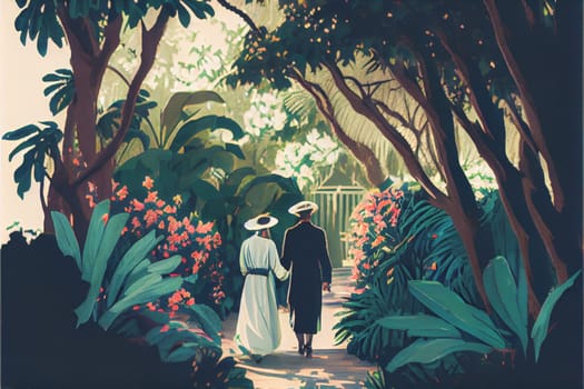 A couple holds hands in a lush garden, their love for each other evident. The vibrant foliage and peaceful setting add to the romance of the moment. 3D illustration