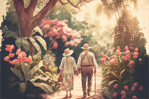 A couple holds hands in a lush garden, their love for each other evident. The vibrant foliage and peaceful setting add to the romance of the moment. 3D illustration