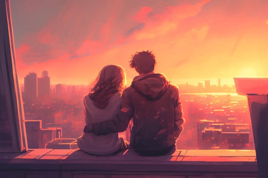 Romantic couple sits on a park bench, embracing and enjoying the stunning sunset together. This heartwarming scene captures the beauty of love and connection in a peaceful outdoor setting.