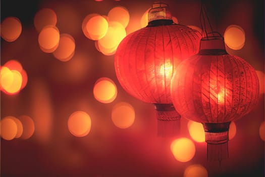 Lanterns celebrating Chinese New Year are illuminated against a bokeh red light background. 3D illustration