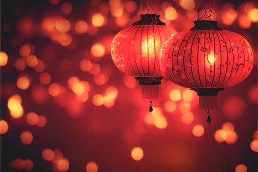 Lanterns celebrating Chinese New Year are illuminated against a bokeh red light background. 3D illustration