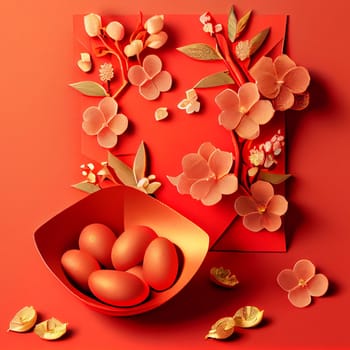 Red envelopes with gold ingots, oranges, and Chinese blossom flowers for a festive Chinese New Year. Displayed on a red background for luck and prosperity in the new year. 3D illustration